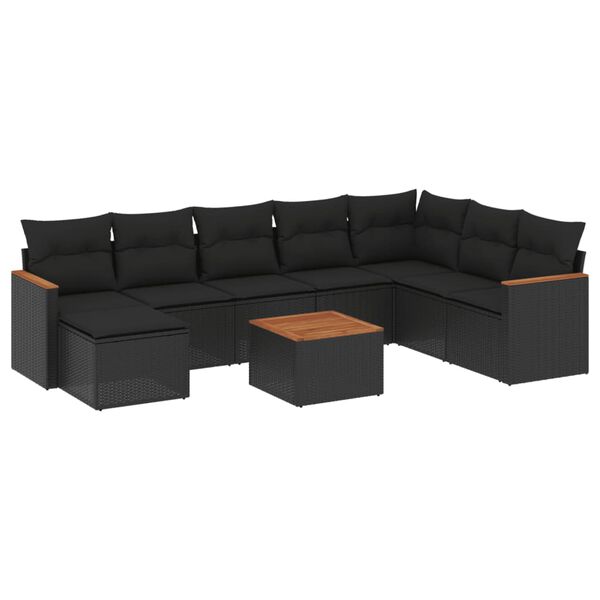 vidaXL 9 pcs conjunto de sof&aacute;s p/ jardim c/ almofad&otilde;es vime PE preto