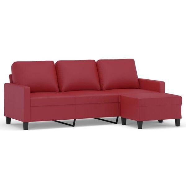 vidaXL Sof&aacute; 3 lugares c/ apoio p&eacute;s 180 cm couro artif. vermelho tinto