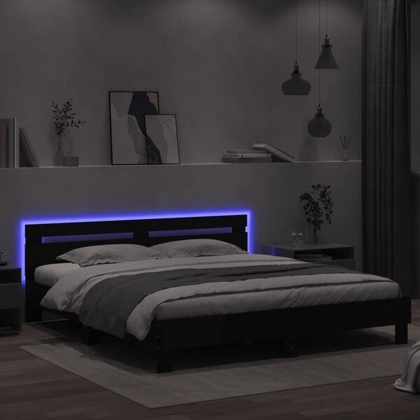 vidaXL Estrutura de cama com cabeceira e luzes LED 200x200 cm preto