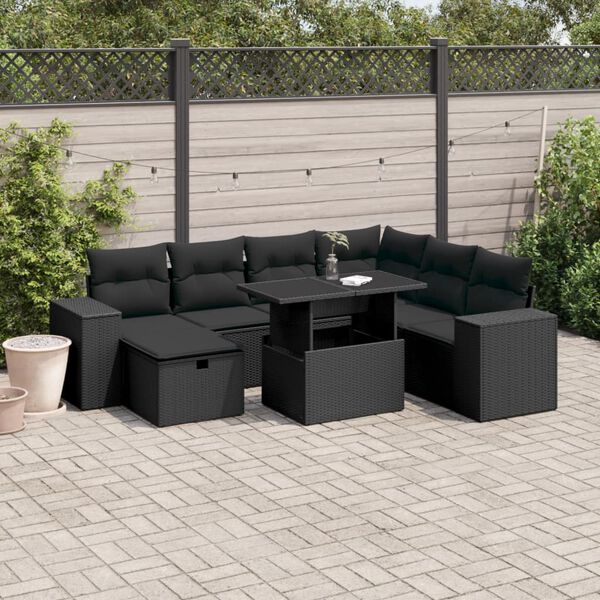vidaXL 8 pcs conjunto sof&aacute;s de jardim com almofad&otilde;es vime PE preto