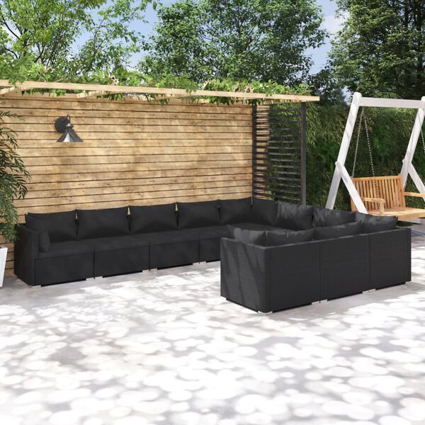 vidaXL 10 pcs conjunto lounge de jardim c/ almofad&otilde;es vime PE preto