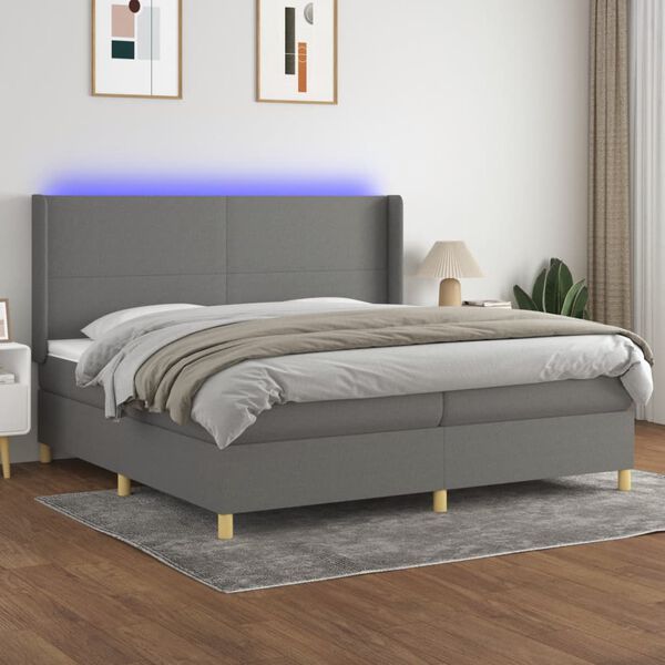 vidaXL Cama box spring c/ colch&atilde;o e LED 200x200 cm tecido cinza-escuro