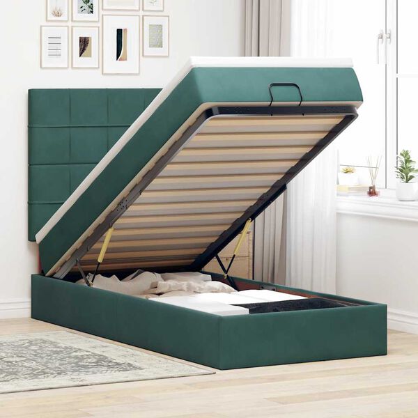 vidaXL Estrutura de cama otomana colch&otilde;es 90x200cm veludo verde escuro