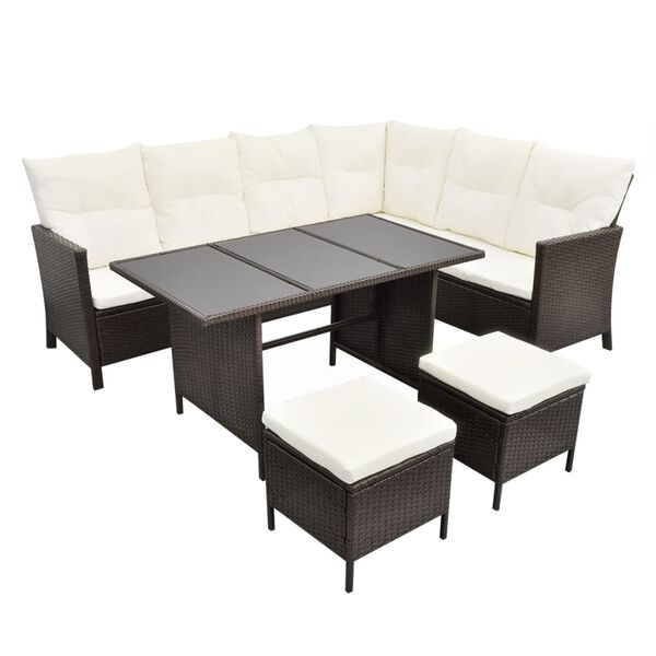 vidaXL 4 pcs conjunto lounge jardim c/ almofad&otilde;es vime PE castanho