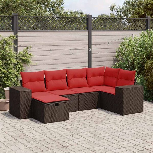 vidaXL 6 pcs conjunto de sof&aacute;s jardim c/ almofad&otilde;es vime PE castanho