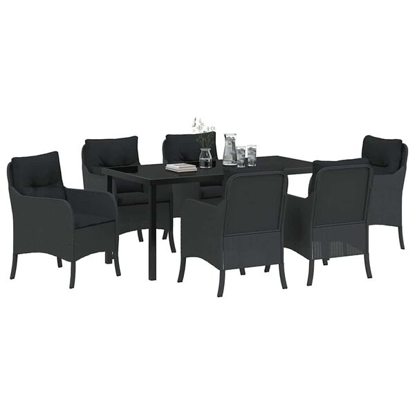 vidaXL Conjunto de Jantar para Jardim com almofada 7 pcs Preto vime PE