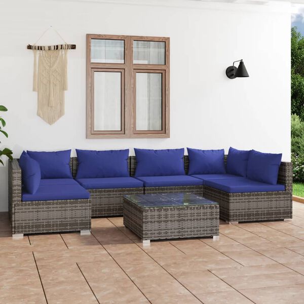 vidaXL 7 pcs conjunto lounge de jardim c/ almofad&otilde;es vime PE cinzento