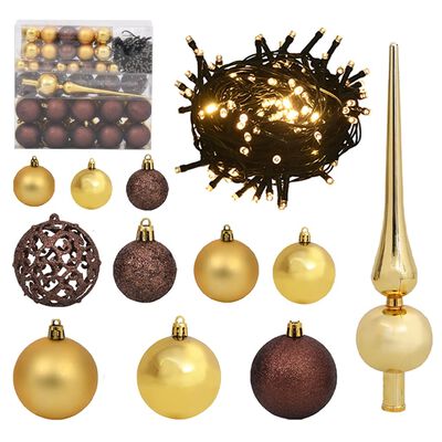 vidaXL Conj. de bolas de natal 120pcs + pico e 300 LEDs dourado/bronze