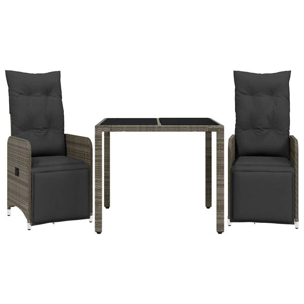 vidaXL 3 pcs conjunto bistr&ocirc; de jardim c/ almofad&otilde;es vime PE cinza