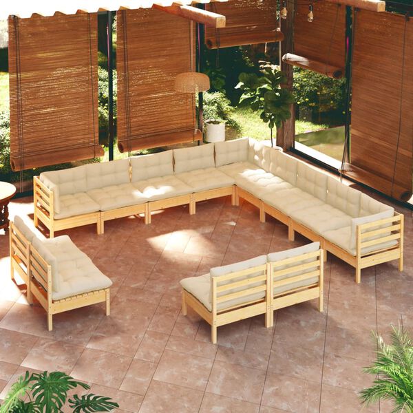vidaXL 13 pcs conjunto lounge jardim c/ almofad&otilde;es creme pinho maci&ccedil;o