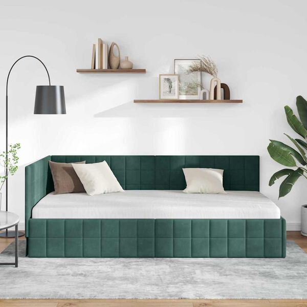 vidaXL Estrutura de Cama de Canto Verde Escuro 90 cm x 200 cm Veludo