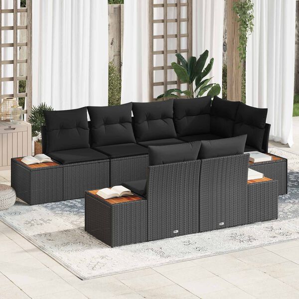 vidaXL Conjunto de Sof&aacute; de Jardim com almofada 7 pcs Preto Polirattan