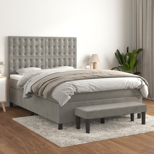 vidaXL Cama com molas/colch&atilde;o 140x190 cm veludo cinzento-claro