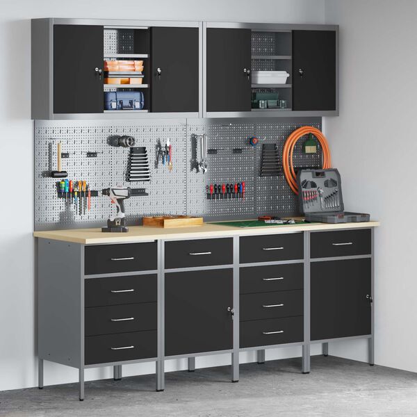 vidaXL Arm&aacute;rio de Trabalho 10 pcs Preto Madeira de Engenharia e A&ccedil;o