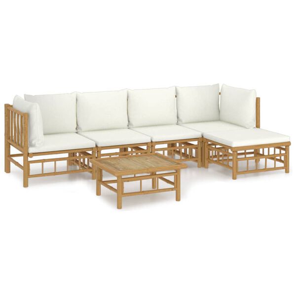 vidaXL 6 pcs conjunto lounge de jardim bambu c/ almofadões branco nata