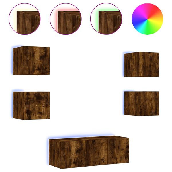 vidaXL 6pcs m&oacute;veis parede p/ TV c/ LEDs deriv. madeira carvalho fumado