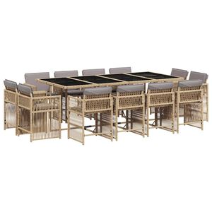 vidaXL 13 pcs conj. jantar jardim c/ almofad&otilde;es vime PE bege misturado