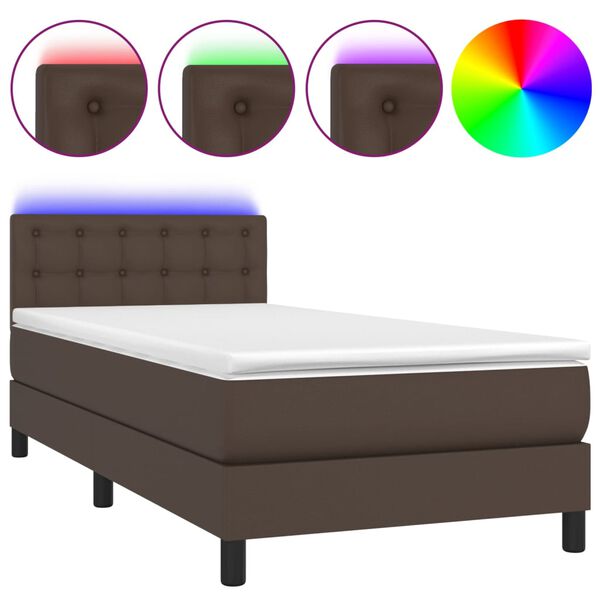 vidaXL Cama box spring c/ colch&atilde;o/LED 90x190 cm couro artif. castanho