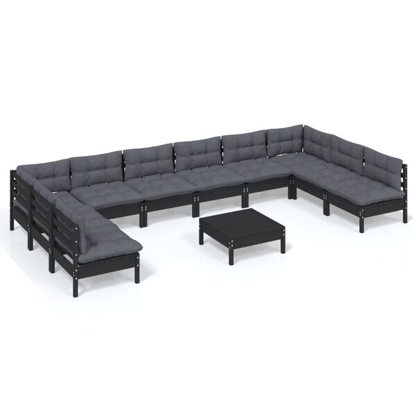 vidaXL 11 pcs conjunto lounge jardim c/ almofad&otilde;es pinho maci&ccedil;o preto
