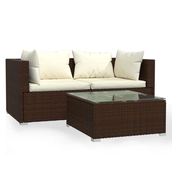 vidaXL 3 pcs conjunto lounge jardim c/ almofad&otilde;es vime PE castanho