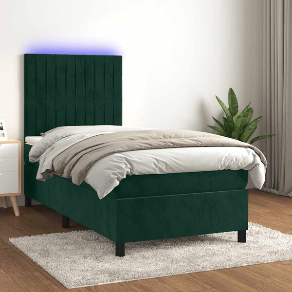 vidaXL Cama box spring c/ colch&atilde;o/LED 90x200 cm veludo verde-escuro