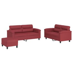 vidaXL 3 pcs conjunto sof&aacute;s c/ almofad&otilde;es couro artif. vermelho tinto