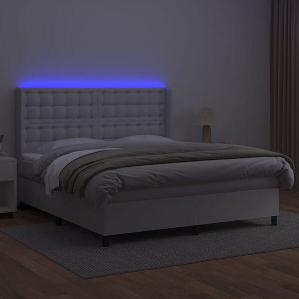 vidaXL Cama box spring c/colch&atilde;o/LED 160x200cm couro artificial branco