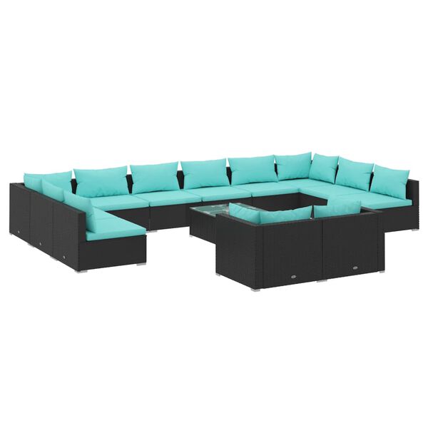 vidaXL 13 pcs conjunto lounge de jardim c/ almofad&otilde;es vime PE preto