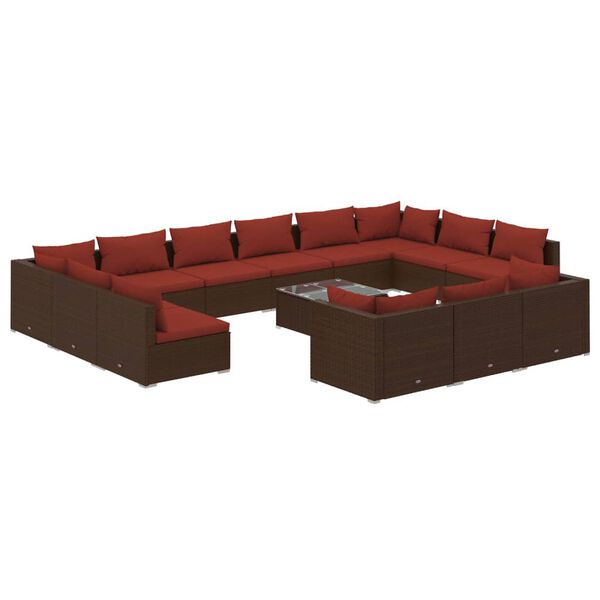 vidaXL 14 pcs conjunto lounge jardim c/ almofad&otilde;es vime PE castanho