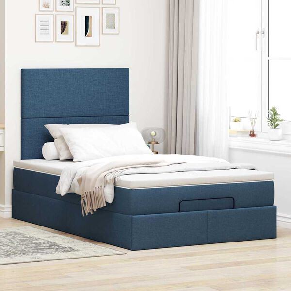 vidaXL Estrutura de cama otomana com colch&atilde;o 120x190 cm tecido azul