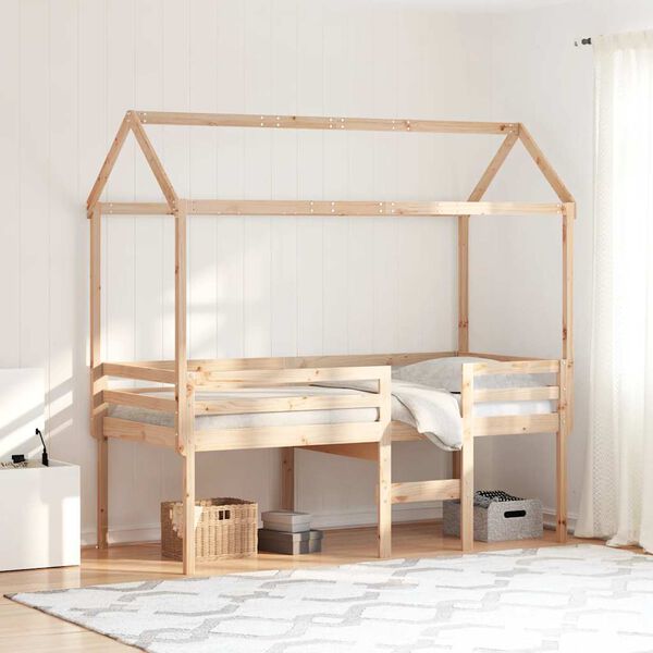 vidaXL Cama alta com telhado 90x200 cm pinho maci&ccedil;o