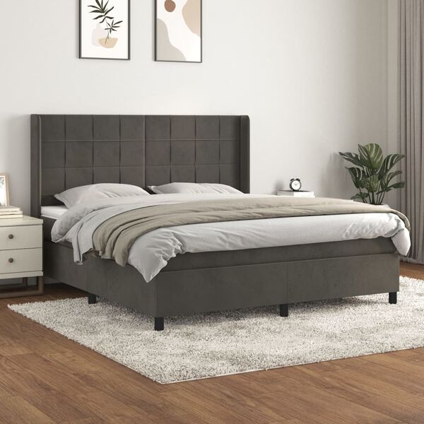 vidaXL Cama com molas/colch&atilde;o 160x200 cm veludo cinzento-escuro