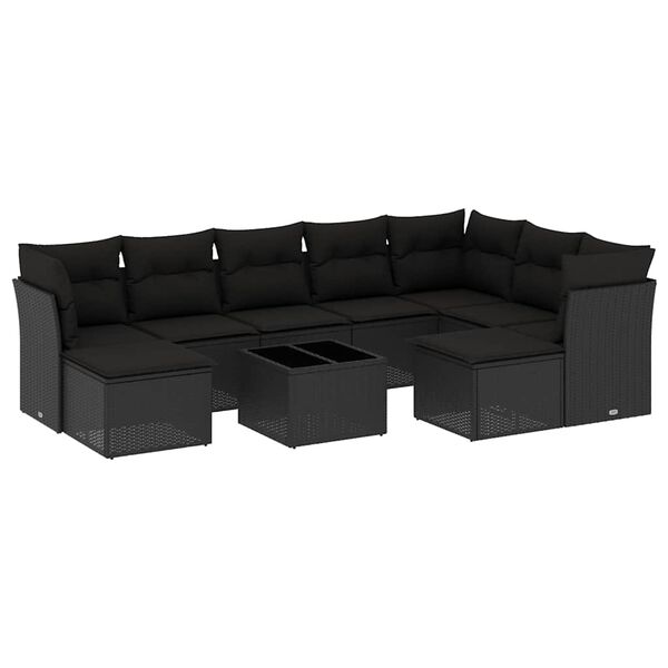 vidaXL 10 pcs conjunto sof&aacute;s de jardim c/ almofad&otilde;es vime PE preto