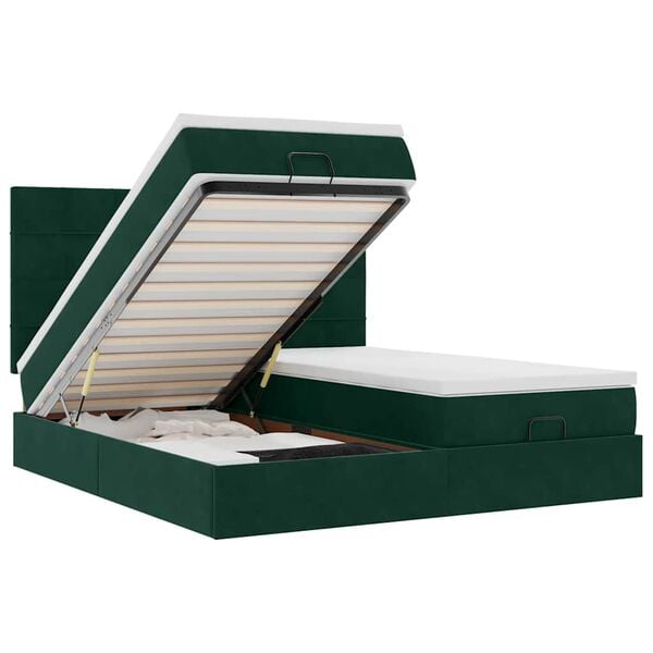 vidaXL Estrutura de cama otomana com colch&atilde;o verde escuro veludo