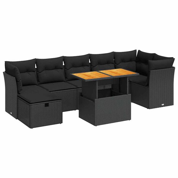 vidaXL 8 pcs conjunto sof&aacute;s jardim com almofad&otilde;es vime PE/ac&aacute;cia preto