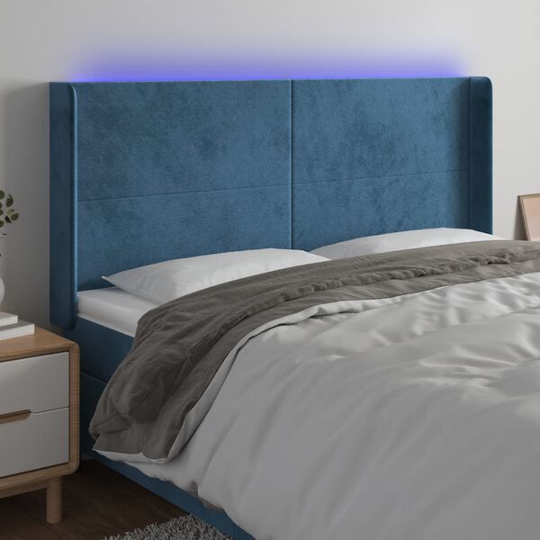 vidaXL Cabeceira cama c/ luzes LED veludo 163x16x118/128cm azul-escuro
