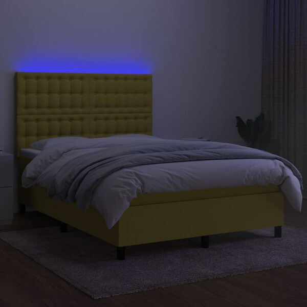 vidaXL Cama box spring c/ colch&atilde;o e LED 140x190 cm tecido verde