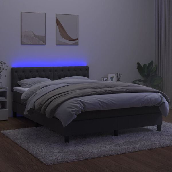 vidaXL Cama box spring c/ colch&atilde;o/LED 140x190cm veludo cinzento-escuro