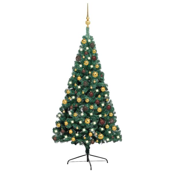 vidaXL Meia &aacute;rvore Natal artificial pr&eacute;-iluminada c/ bolas verde