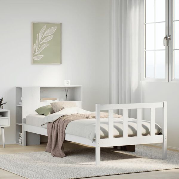 vidaXL Cama com estante sem colchão 90x190 cm pinho maciço branco