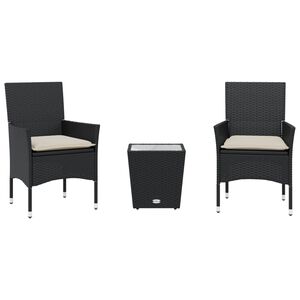 vidaXL 3 pcs conjunto de bistr&ocirc; com almofad&otilde;es vime PE/vidro preto