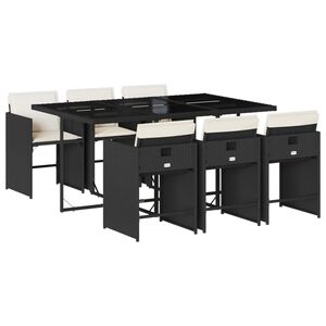 vidaXL 7 pcs conjunto de jantar p/ jardim c/ almofad&otilde;es vime PE preto