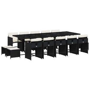 vidaXL 15 pcs conjunto de jantar p/jardim com almofad&otilde;es vime PE preto