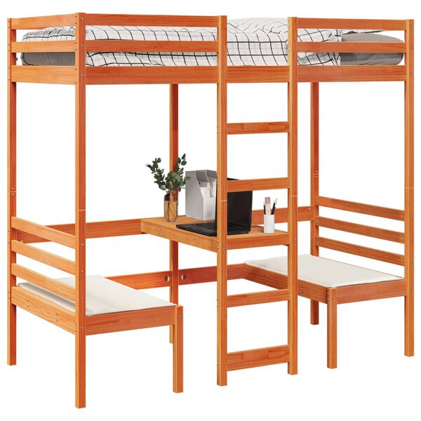 vidaXL Cama alta c/ secretária/cadeiras 90x190 cm pinho castanho-mel