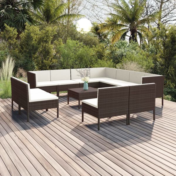 vidaXL 12 pcs conjunto lounge jardim c/ almofad&otilde;es vime PE castanho