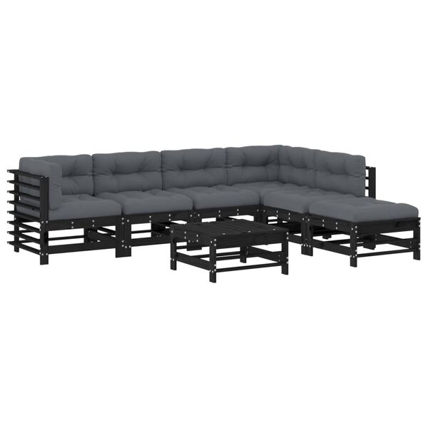 vidaXL 7 pcs conjunto lounge jardim c/ almofad&otilde;es madeira maci&ccedil;a preto