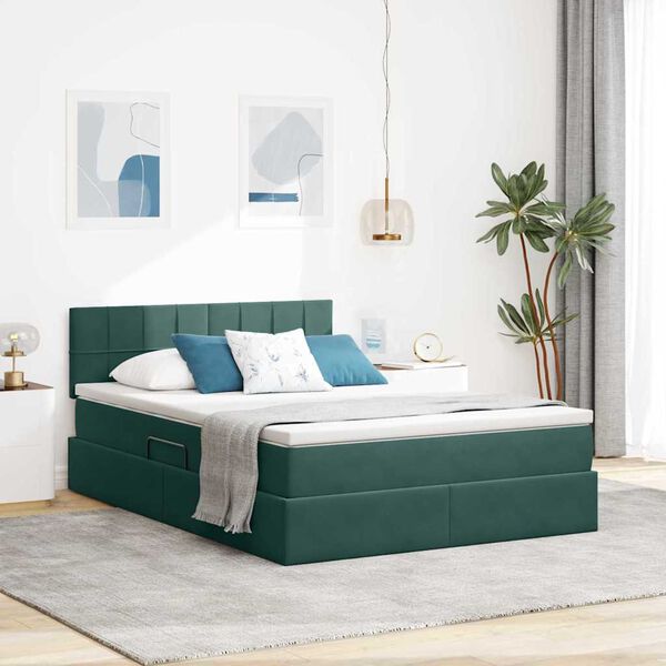 vidaXL Cama com arruma&ccedil;&atilde;o e LED Verde Escuro 140 x 200 cm Veludo
