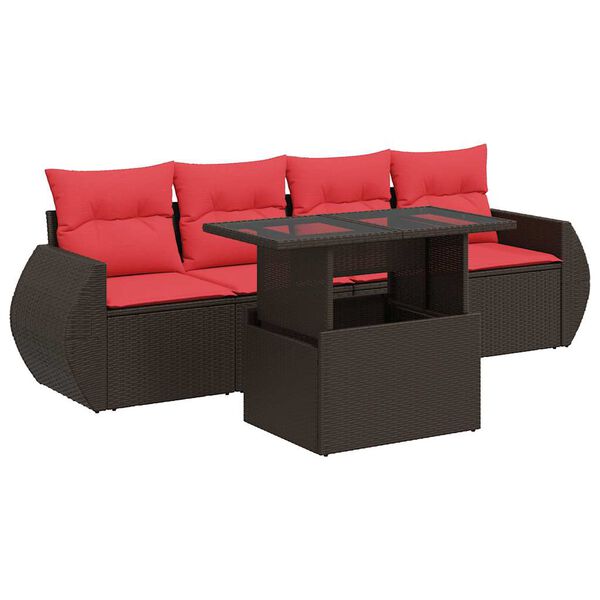 vidaXL 5 pcs conj. sof&aacute;s jardim c/ almofad&otilde;es vime PE/ac&aacute;cia castanho