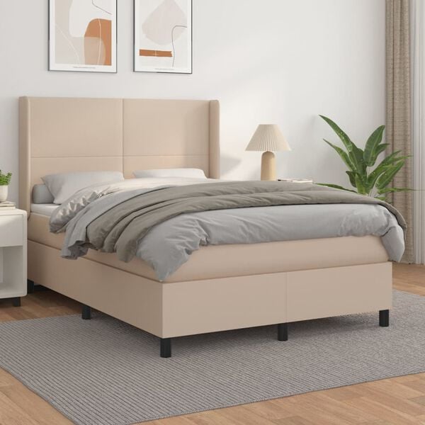vidaXL Cama com molas/colch&atilde;o 140x190 cm couro artificial cappuccino