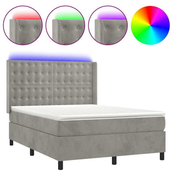 vidaXL Cama box spring c/ colch&atilde;o/LED 140x190 cm veludo cinzento